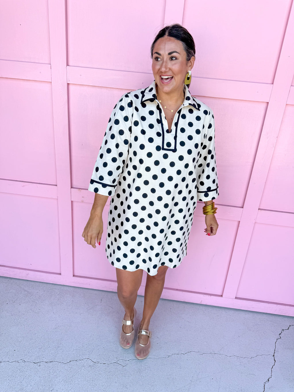 Jincy's Womens Boutique 3/4 Sleeve Ivory & Black Polka Dot Linen Mini Dress Everyday Wear Chic Chartreuse Collection Jodifl H13003