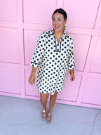 Jincy's Womens Boutique 3/4 Sleeve Ivory & Black Polka Dot Linen Mini Dress Everyday Wear Chic Chartreuse Collection Jodifl H13003