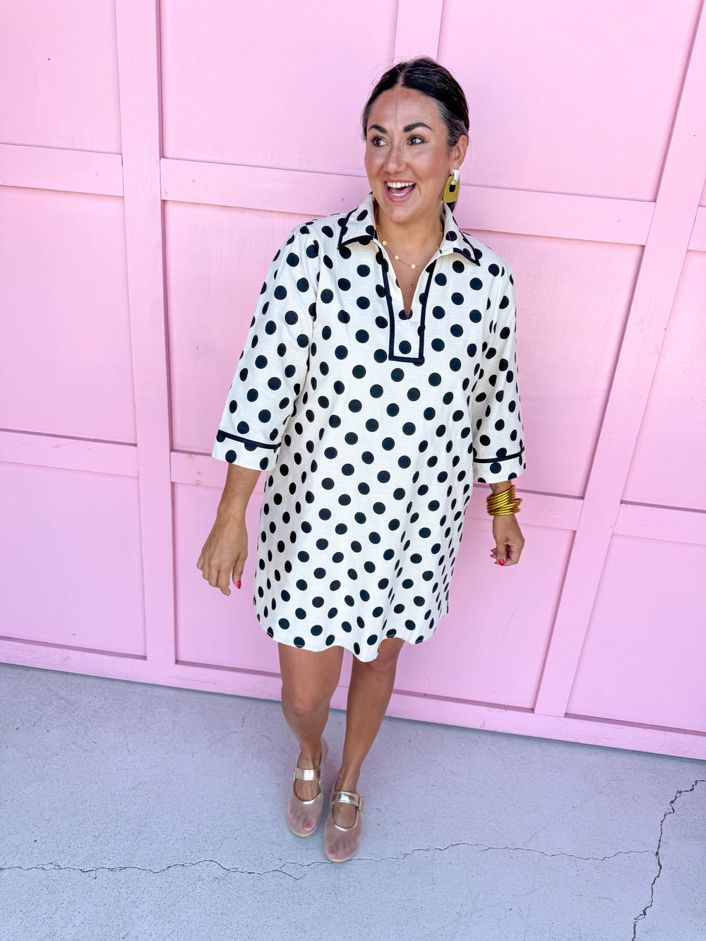 Jincy's Womens Boutique 3/4 Sleeve Ivory & Black Polka Dot Linen Mini Dress Everyday Wear Chic Chartreuse Collection Jodifl H13003