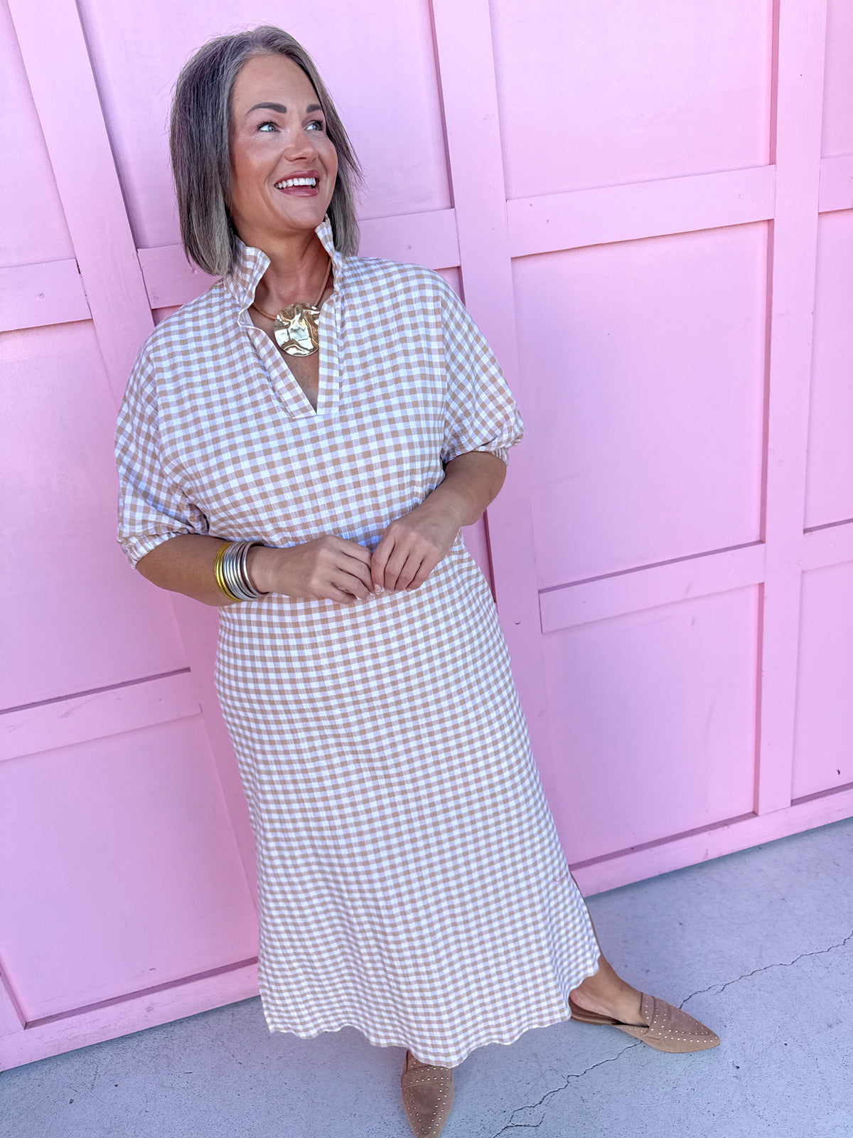 Jincy's Womens Boutique Adrienne Blakely Biscuit Seer Gingham Midi Maxi Dress Everyday Wear Plus