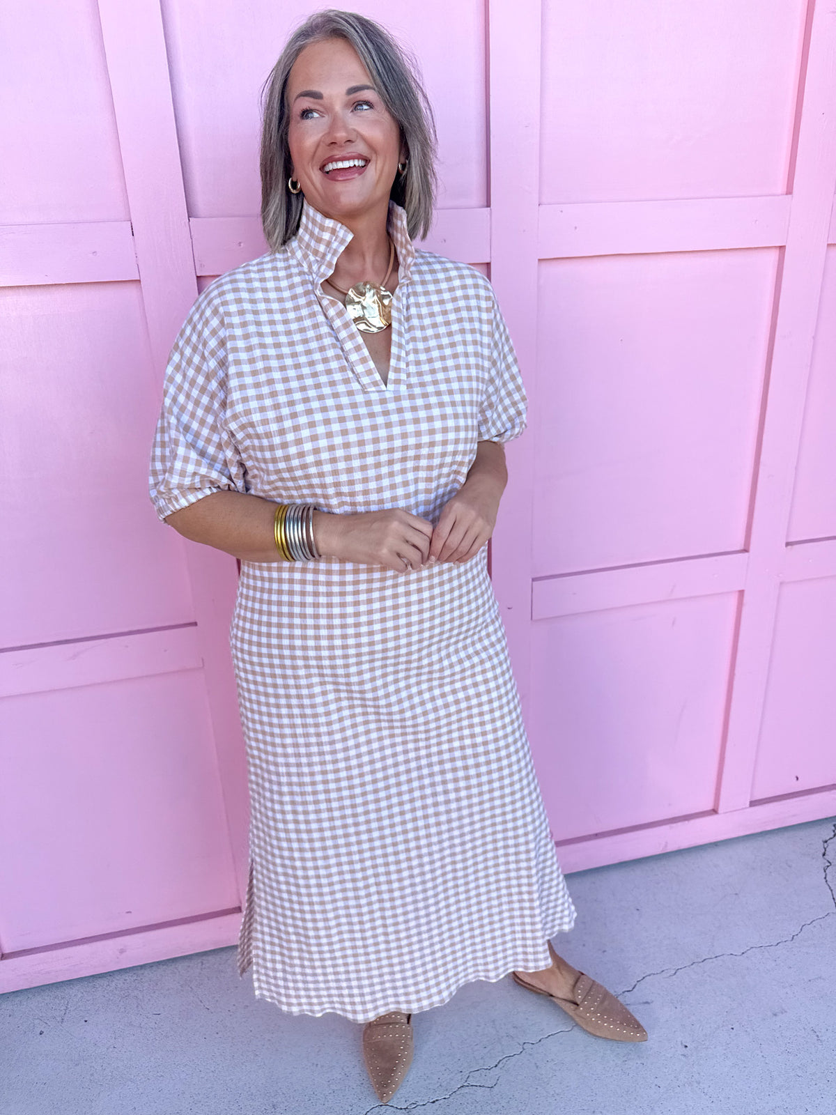 Jincy's Womens Boutique Adrienne Blakely Biscuit Seer Gingham Midi Maxi Dress Everyday Wear Plus