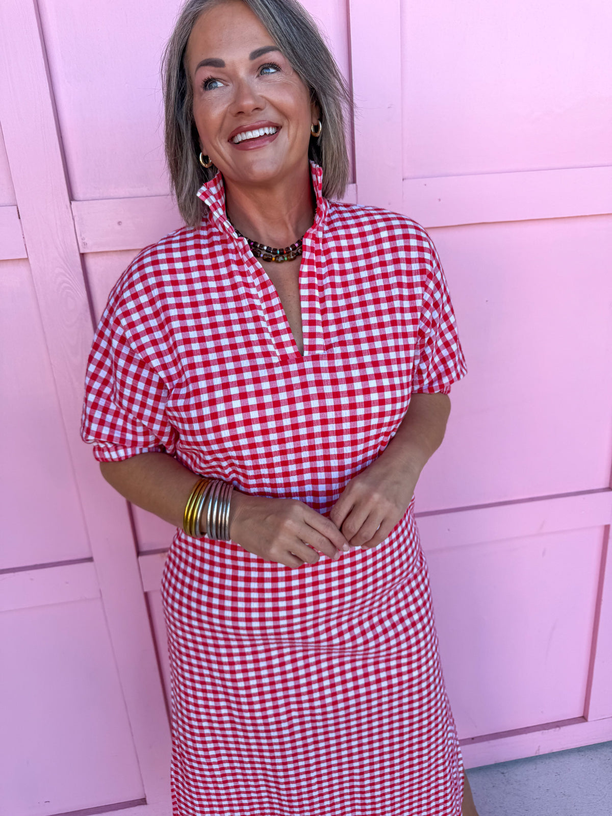 Jincy's Womens Boutique Adrienne Blakely Red Seer Gingham Midi Maxi Dress Everyday Wear
