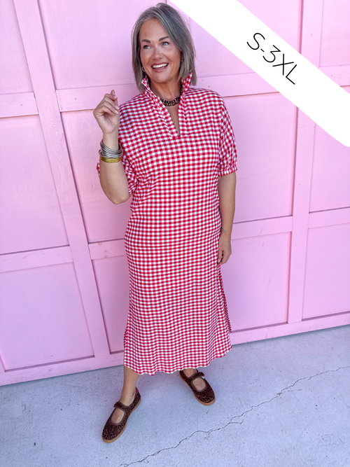 Jincy's Womens Boutique Adrienne Blakely Red Seer Gingham Midi Maxi Dress Everyday Wear