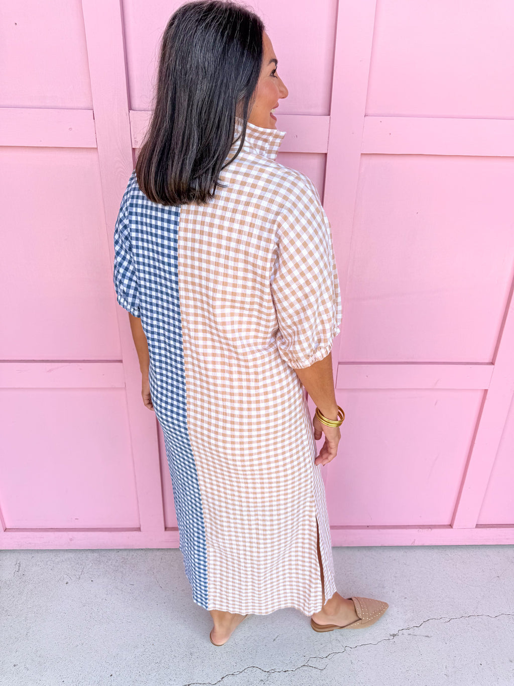 Jincy's Womens Boutique Adrienne Blakely Tan Navy Seer Gingham Midi Maxi Dress Everyday Wear Plus