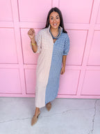 Jincy's Womens Boutique Adrienne Blakely Tan Navy Seer Gingham Midi Maxi Dress Everyday Wear Plus