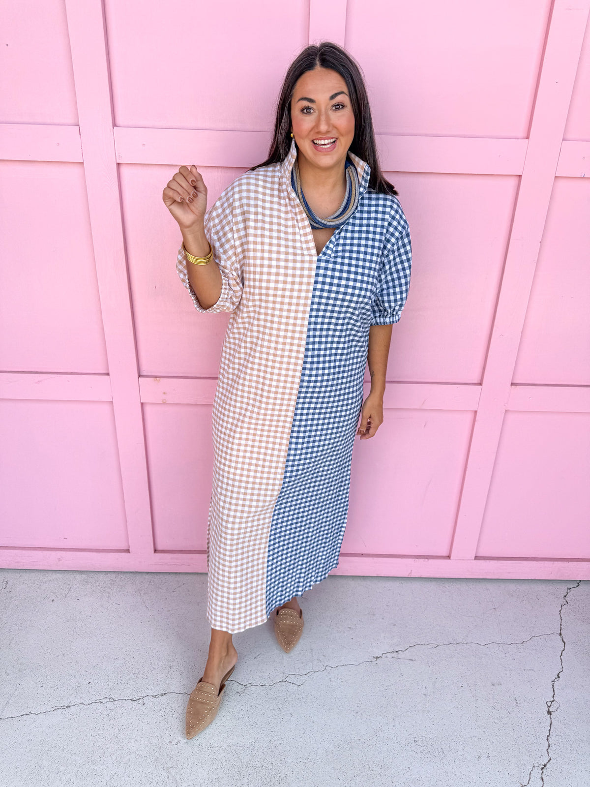 Jincy's Womens Boutique Adrienne Blakely Tan Navy Seer Gingham Midi Maxi Dress Everyday Wear Plus