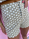 Jincy's Womens Boutique Beige & Ivory Polka Dot Shorts With Scallop Details Chic Chartreuse Collection Entro P31843 