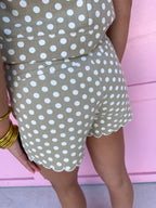 Jincy's Womens Boutique Beige & Ivory Polka Dot Shorts With Scallop Details Chic Chartreuse Collection Entro P31843 