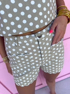 Jincy's Womens Boutique Beige & Ivory Polka Dot Shorts With Scallop Details Chic Chartreuse Collection Entro P31843 