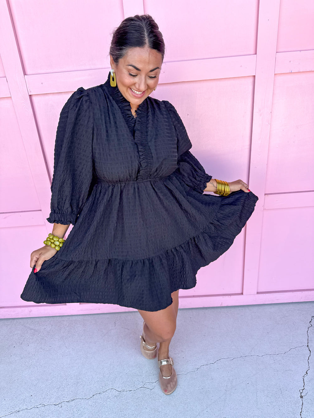 Jincy's Womens Boutique Black Crinkle Fabric Ruffle Neckline Mini Dress Chic Chartreuse Collection Umgee C5073