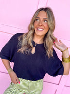 Jincy's Womens Boutique Black Keyhole Top with Gold Button Balloon Sleeve Carole Christian Chic Chartreuse Collection
