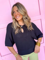 Jincy's Womens Boutique Black Keyhole Top with Gold Button Balloon Sleeve Carole Christian Chic Chartreuse Collection