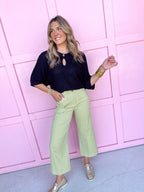 Jincy's Womens Boutique Black Keyhole Top with Gold Button Balloon Sleeve Carole Christian Chic Chartreuse Collection