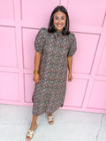 Jincy's Womens Boutique Brown Pink & Blue Floral Trellis Puff Sleeve Midi Maxi Dress First Of Fall Collection Entro D32071