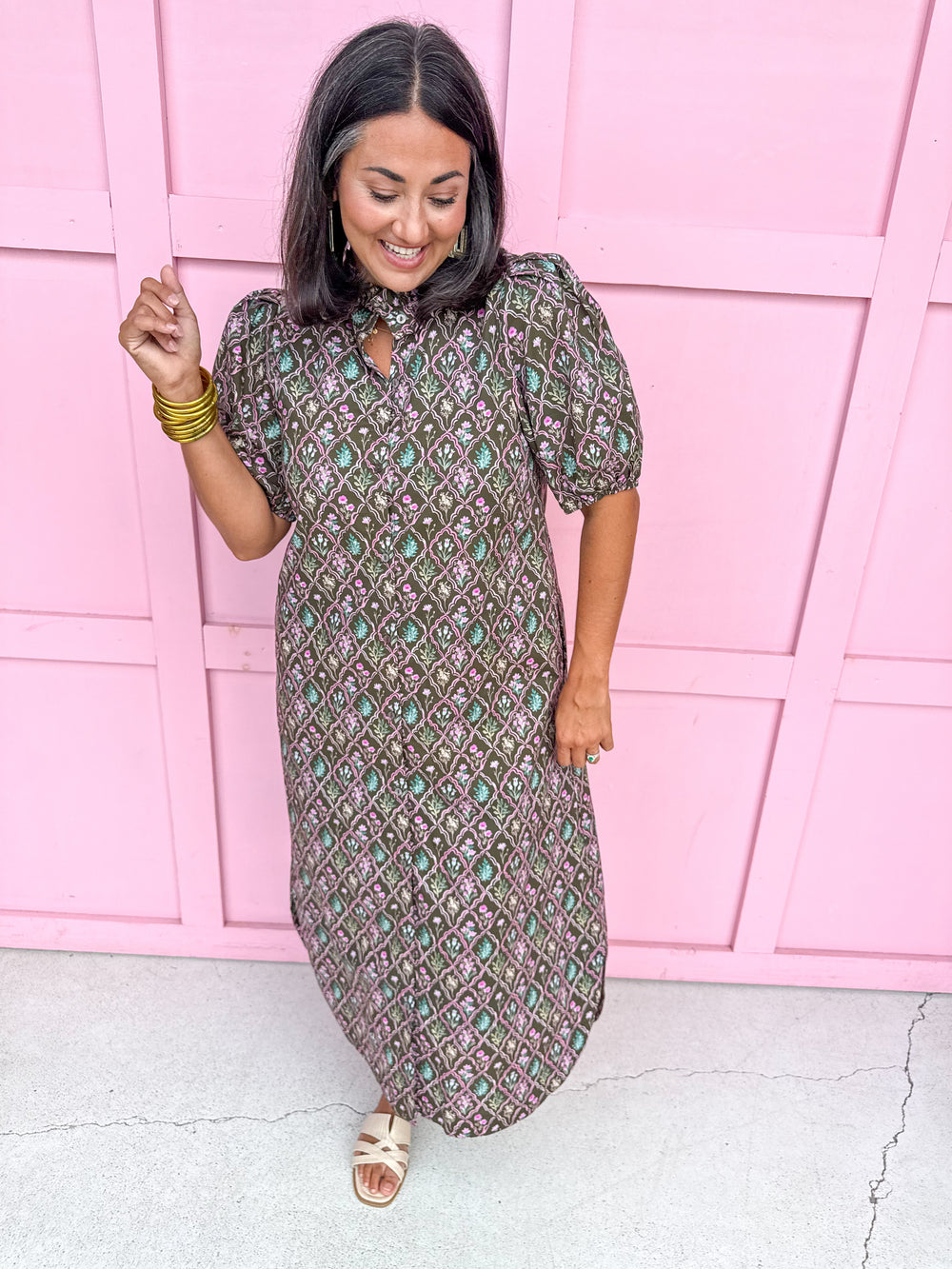 Jincy's Womens Boutique Brown Pink & Blue Floral Trellis Puff Sleeve Midi Maxi Dress First Of Fall Collection Entro D32071