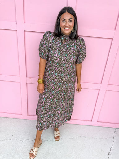 Jincy's Womens Boutique Brown Pink & Blue Floral Trellis Puff Sleeve Midi Maxi Dress First Of Fall Collection Entro D32071