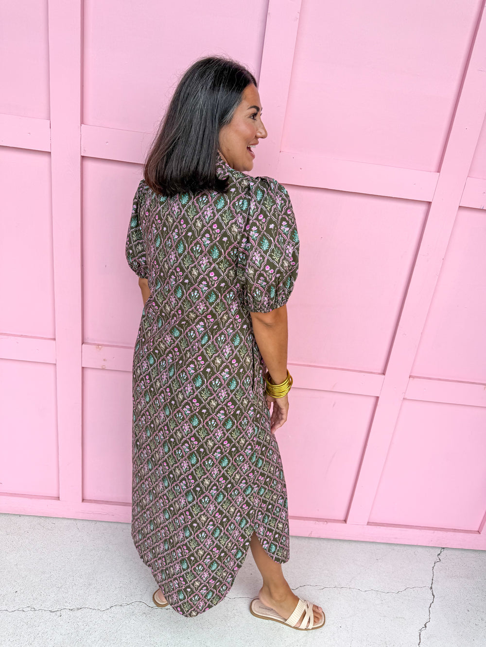 Jincy's Womens Boutique Brown Pink & Blue Floral Trellis Puff Sleeve Midi Maxi Dress First Of Fall Collection Entro D32071