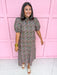 Jincy's Womens Boutique Brown Pink & Blue Floral Trellis Puff Sleeve Midi Maxi Dress First Of Fall Collection Entro D32071