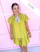 C6325Jincy's Womens Boutique Chartreuse Crinkle Mini Dress Everyday Wear Chic Chartreuse Collection Entro C6325