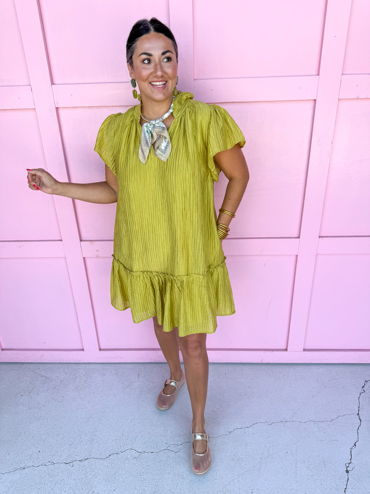 Jincy's Womens Boutique Chartreuse Crinkle Mini Dress Everyday Wear Chic Chartreuse Collection Entro C6325