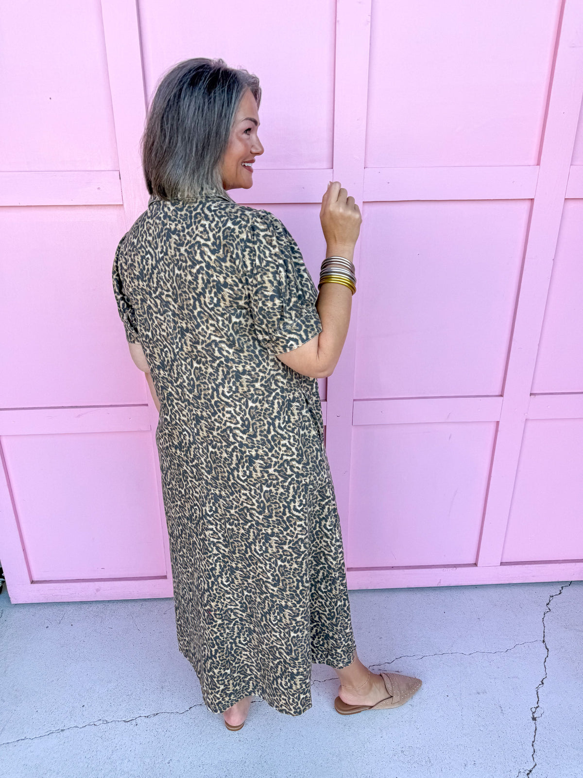 Jincy's Womens Boutique Cheetah Leopard Print Midi Maxi Shirt Dress Entro R7140