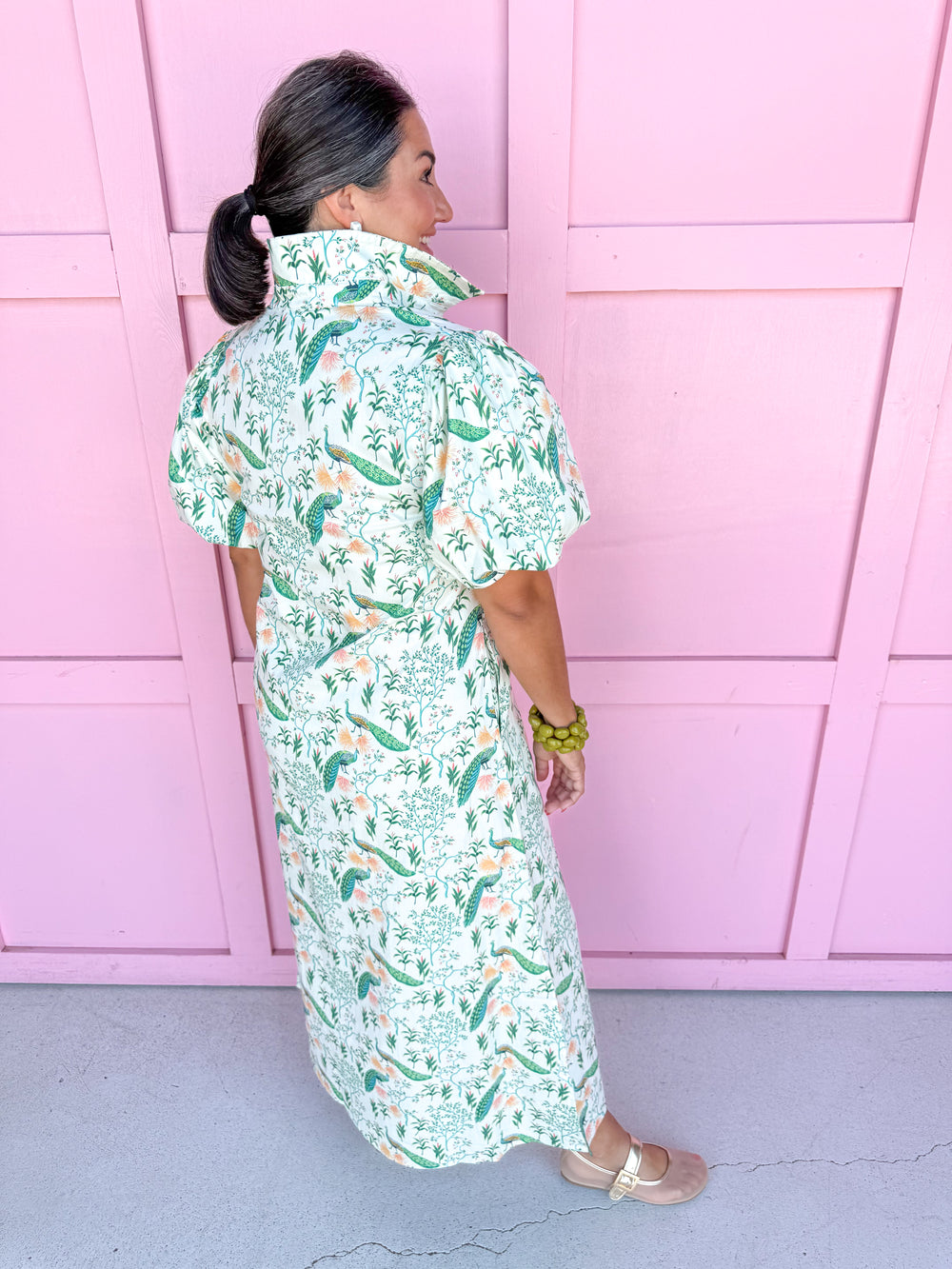 Jincy's Womens Boutique Chinoiserie Peacock Print Collared Straight Fit Midi Maxi Dress CT10040 TCEC