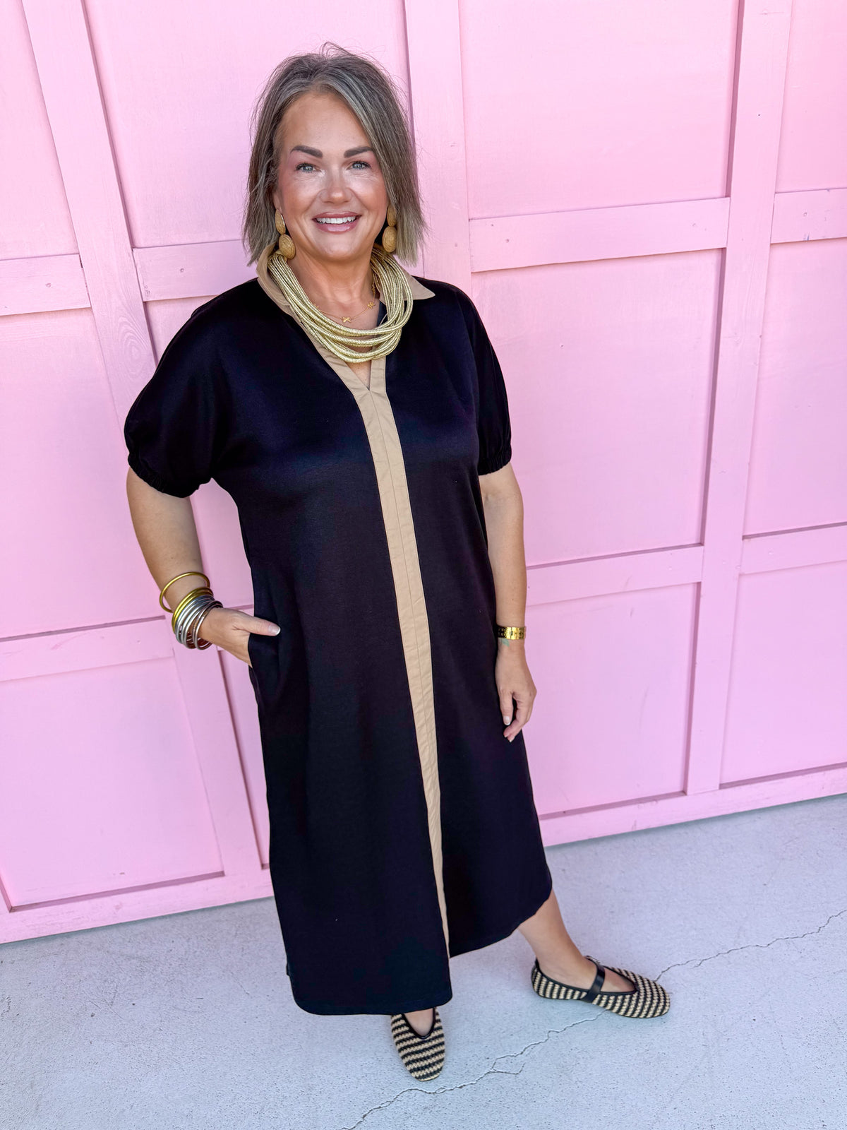 Jincy's Womens Boutique Clothing Black & Brown Collared Midi Maxi Dress Chartreuse Collection Everyday Wear Jodifl G16090