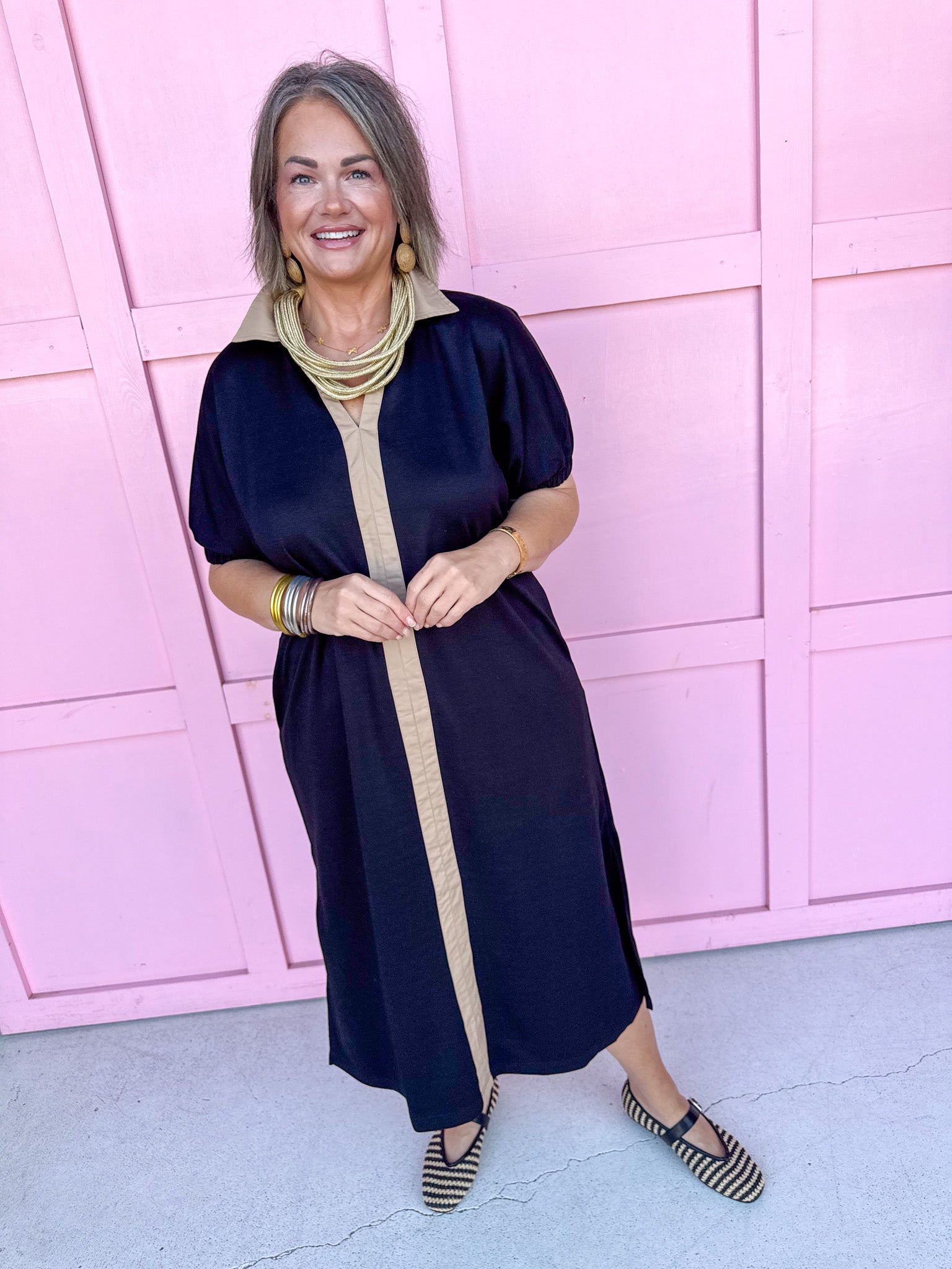 Jincy's Womens Boutique Clothing Black & Brown Collared Midi Maxi Dress Chartreuse Collection Everyday Wear Jodifl G16090