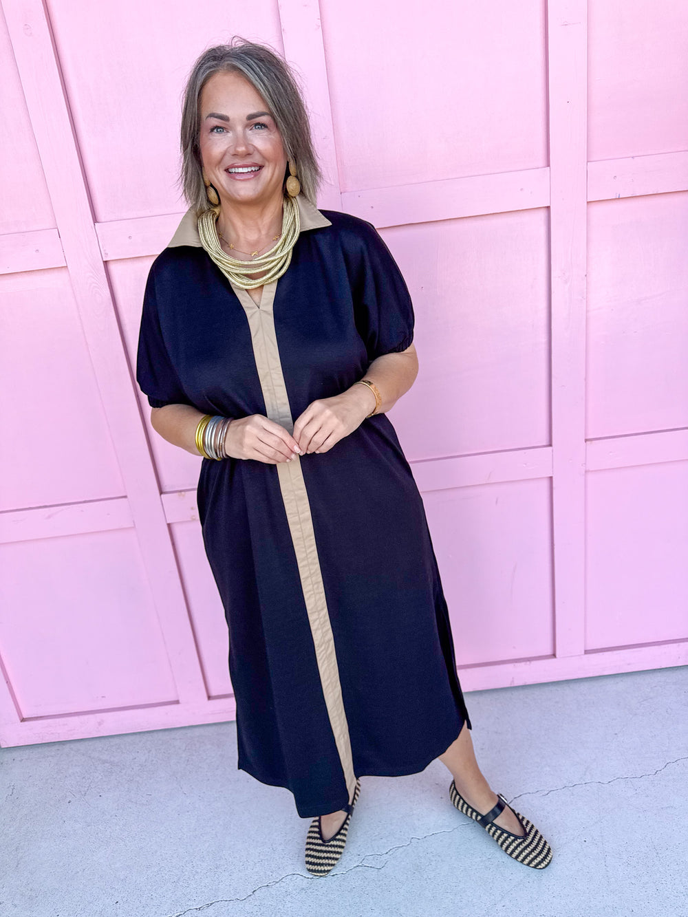 Jincy's Womens Boutique Clothing Black & Brown Collared Midi Maxi Dress Chartreuse Collection Everyday Wear Jodifl G16090