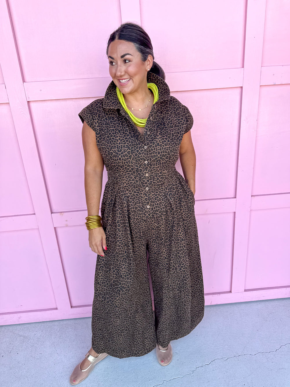 Jincy's Womens Boutique Clothing Leopard Print Collared Wide Leg Jumpsuit Chic Chartreuse Collection Jodifl B50407-2