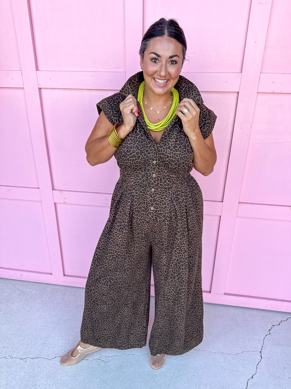 Jincy's Womens Boutique Clothing Leopard Print Collared Wide Leg Jumpsuit Chic Chartreuse Collection Jodifl B50407-2