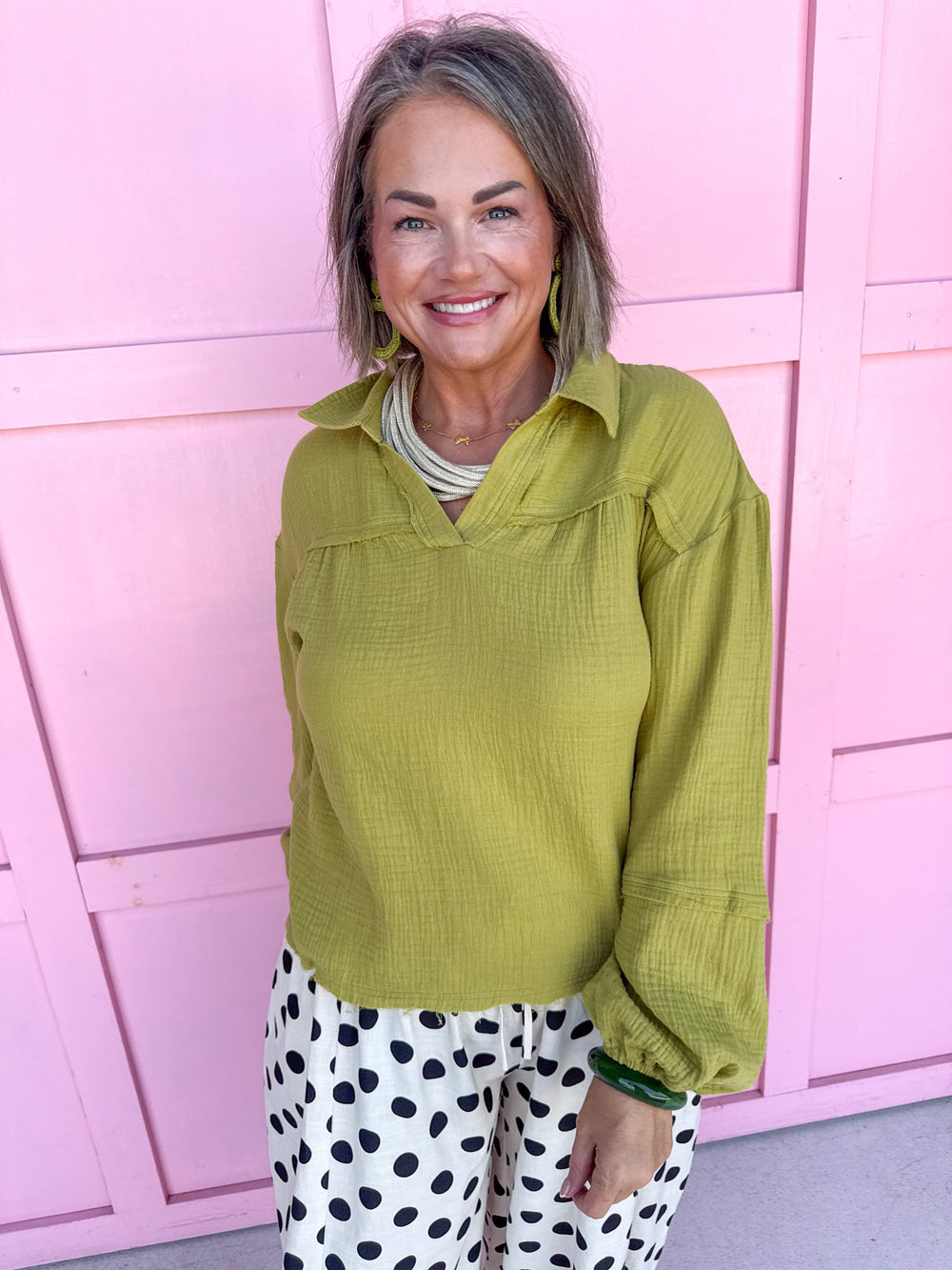 Jincy's Womens Boutique Collared Chartreuse Gauze  Balloon Sleeve Top  NT11416-LIME-1