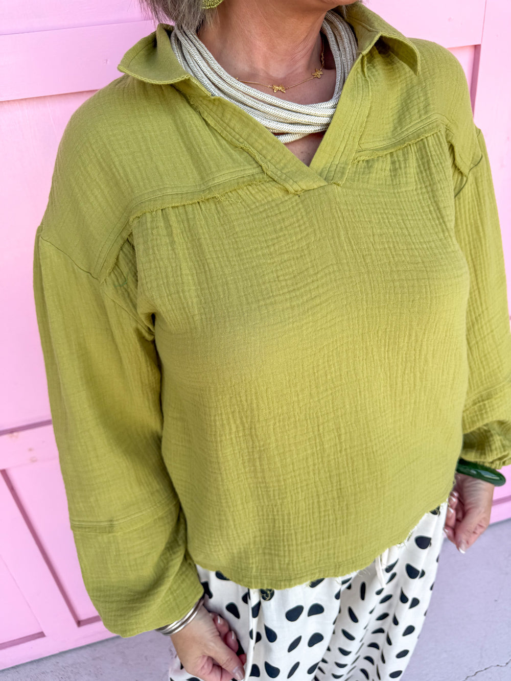 Jincy's Womens Boutique Collared Chartreuse Gauze  Balloon Sleeve Top  NT11416-LIME-1