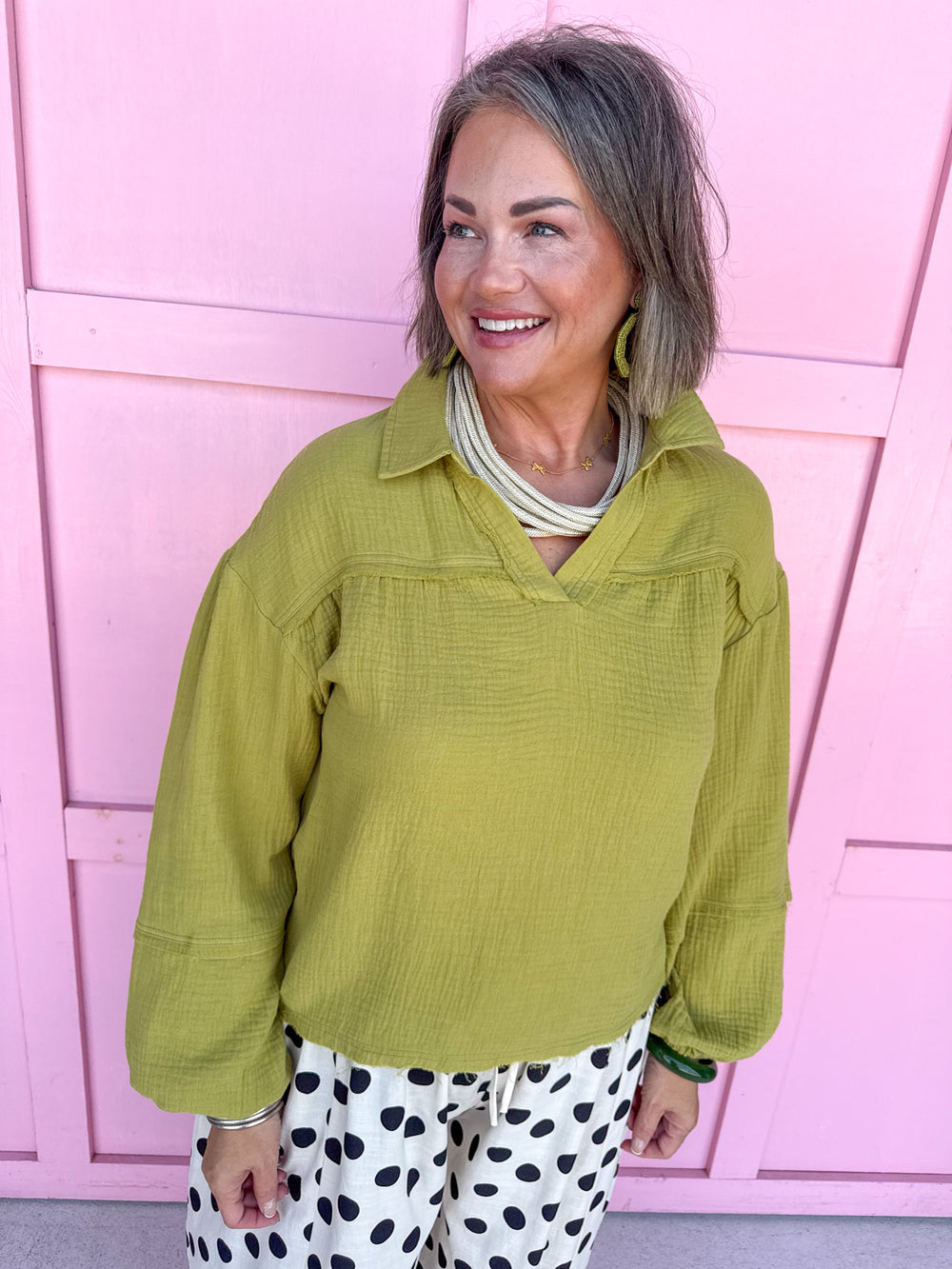 Jincy's Womens Boutique Collared Chartreuse Gauze  Balloon Sleeve Top NT11416-LIME-1