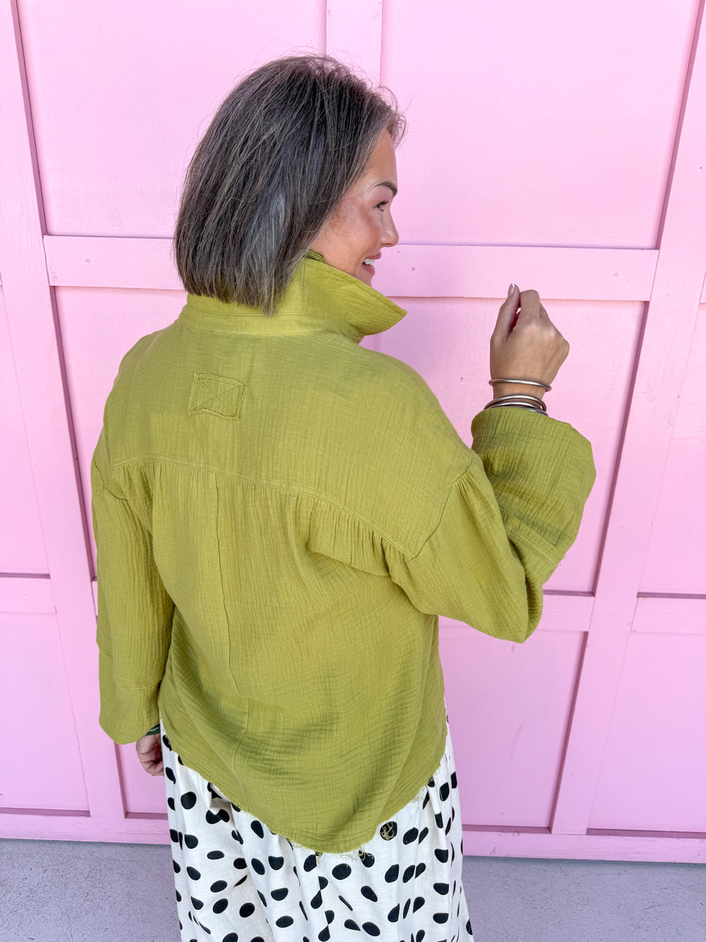 Jincy's Womens Boutique Collared Chartreuse Gauze  Balloon Sleeve Top NT11416-LIME-1