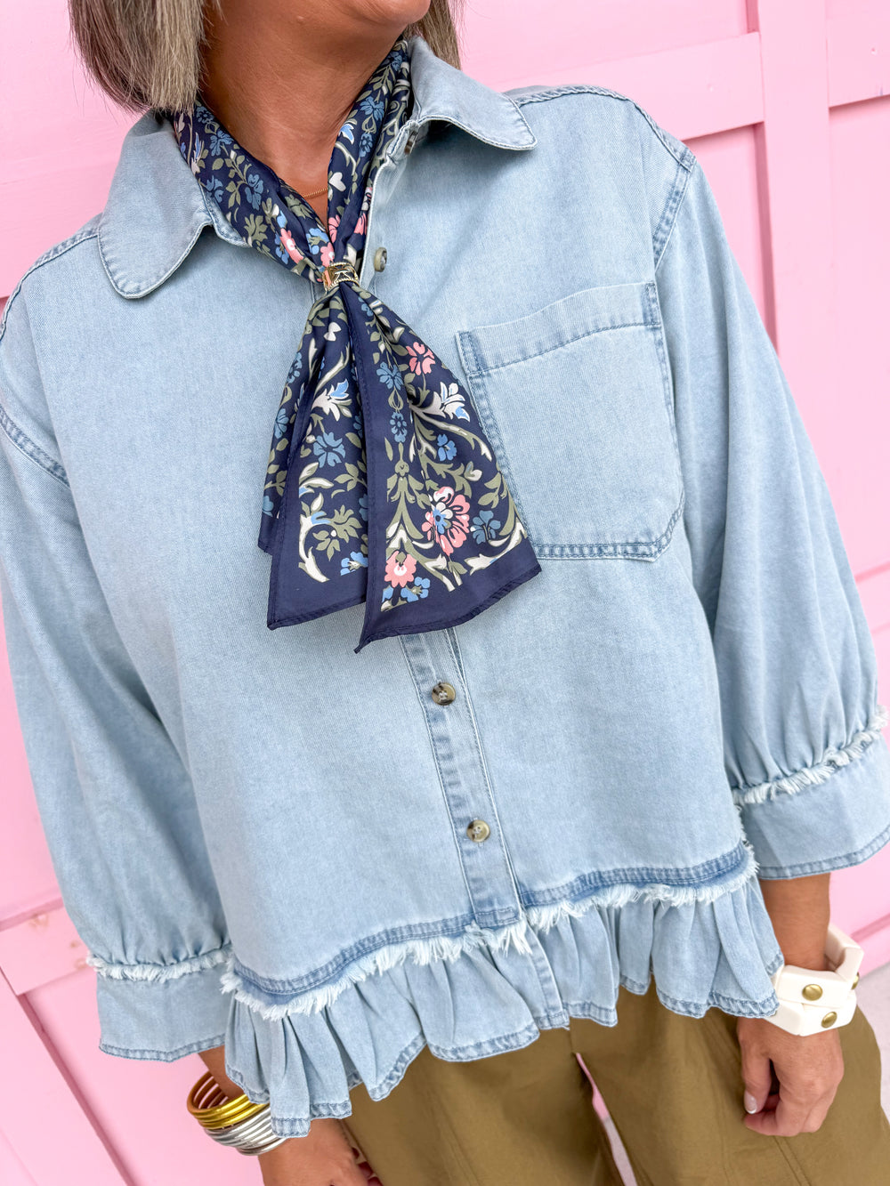 Jincy's Womens Boutique Denim 3/4 Sleeve Shirt with Raw Ruffle Hem Everyday Wear First Of Fall Collection Entro R7448