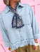 Jincy's Womens Boutique Denim 3/4 Sleeve Shirt with Raw Ruffle Hem Everyday Wear First Of Fall Collection Entro R7448