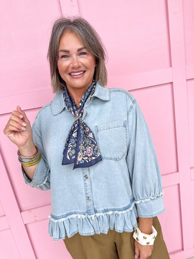 Jincy's Womens Boutique Denim 3/4 Sleeve Shirt with Raw Ruffle Hem Everyday Wear First Of Fall Collection Entro R7448