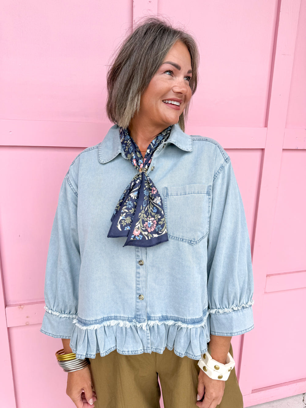 Jincy's Womens Boutique Denim 3/4 Sleeve Shirt with Raw Ruffle Hem Everyday Wear First Of Fall Collection Entro R7448
