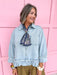 Jincy's Womens Boutique Denim 3/4 Sleeve Shirt with Raw Ruffle Hem Everyday Wear First Of Fall Collection Entro R7448