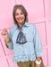 Jincy's Womens Boutique Denim 3/4 Sleeve Shirt with Raw Ruffle Hem Everyday Wear First Of Fall Collection Entro R7448