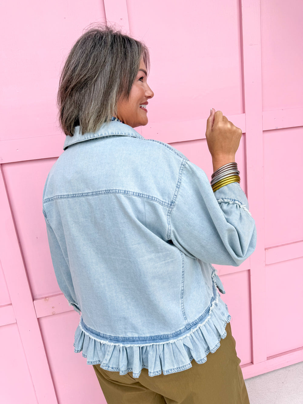 Jincy's Womens Boutique Denim 3/4 Sleeve Shirt with Raw Ruffle Hem Everyday Wear First Of Fall Collection Entro R7448