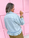 Jincy's Womens Boutique Denim 3/4 Sleeve Shirt with Raw Ruffle Hem Everyday Wear First Of Fall Collection Entro R7448