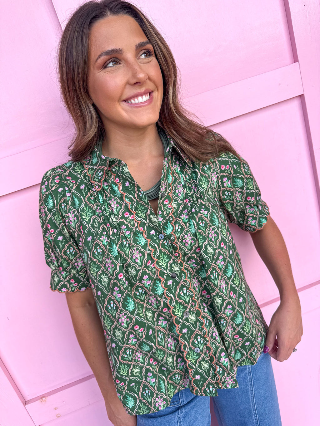 Jincy's Womens Boutique Fall Floral Scallop Detail Puff Sleeve Top Green Entro T32072