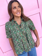 Jincy's Womens Boutique Fall Floral Scallop Detail Puff Sleeve Top Green Entro T32072