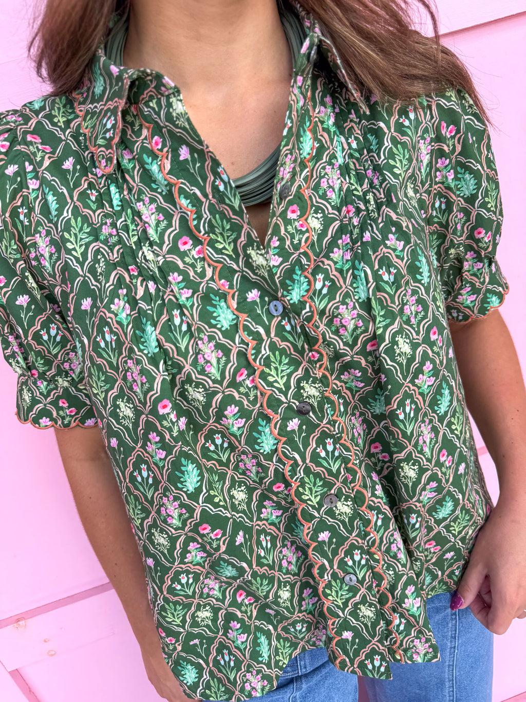 Jincy's Womens Boutique Fall Floral Scallop Detail Puff Sleeve Top Green Entro T32072
