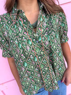 Jincy's Womens Boutique Fall Floral Scallop Detail Puff Sleeve Top Green Entro T32072