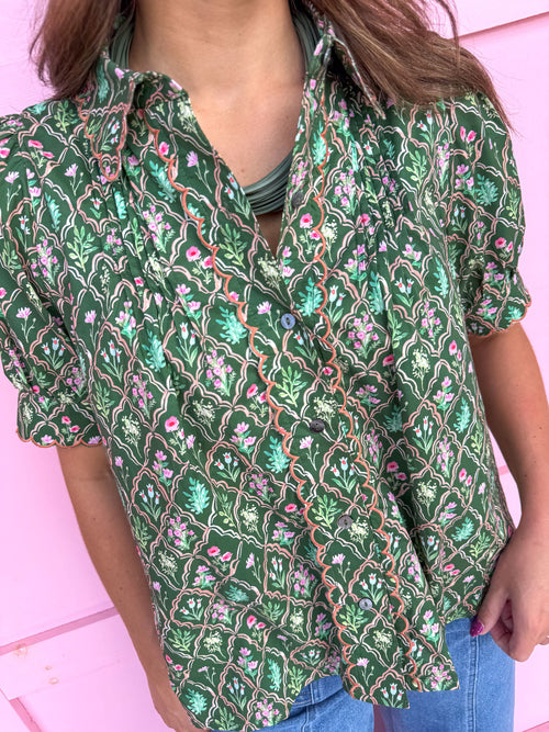 Jincy's Womens Boutique Fall Floral Scallop Detail Puff Sleeve Top Green Entro T32072