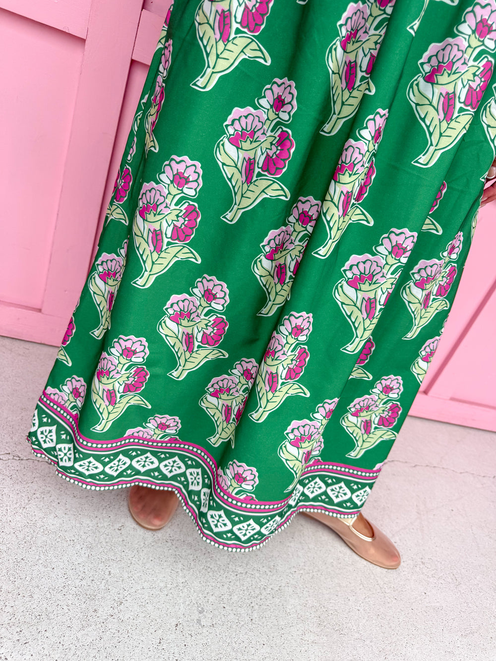 Jincy's Womens Boutique Fall Green and Pink Floral Midi Maxi Skirt Elastic Waistband Everyday Wear First Of Fall Collection Entro CS4073