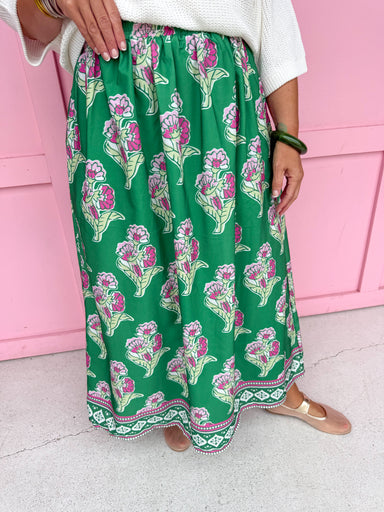 Jincy's Womens Boutique Fall Green and Pink Floral Midi Maxi Skirt Elastic Waistband Everyday Wear First Of Fall Collection Entro CS4073